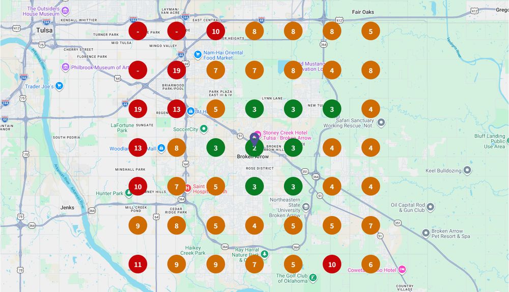 Search grid for furnace repair across the Tulsa metro on 30 September 2025, mostly orange markers with red through the western third and three points returning no result