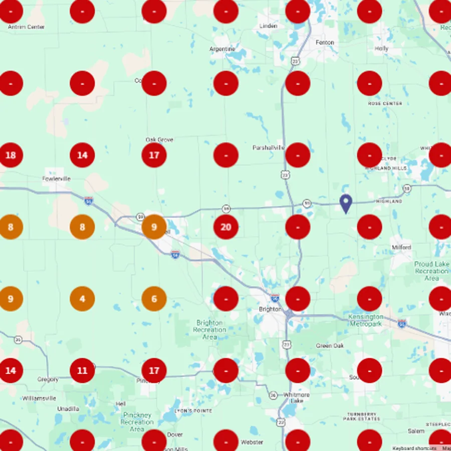 BrightLocal Local Search Grid for Furnace installation on 26 Jun 2026, showing Great Lakes Comfort rankings around Howell, Michigan.