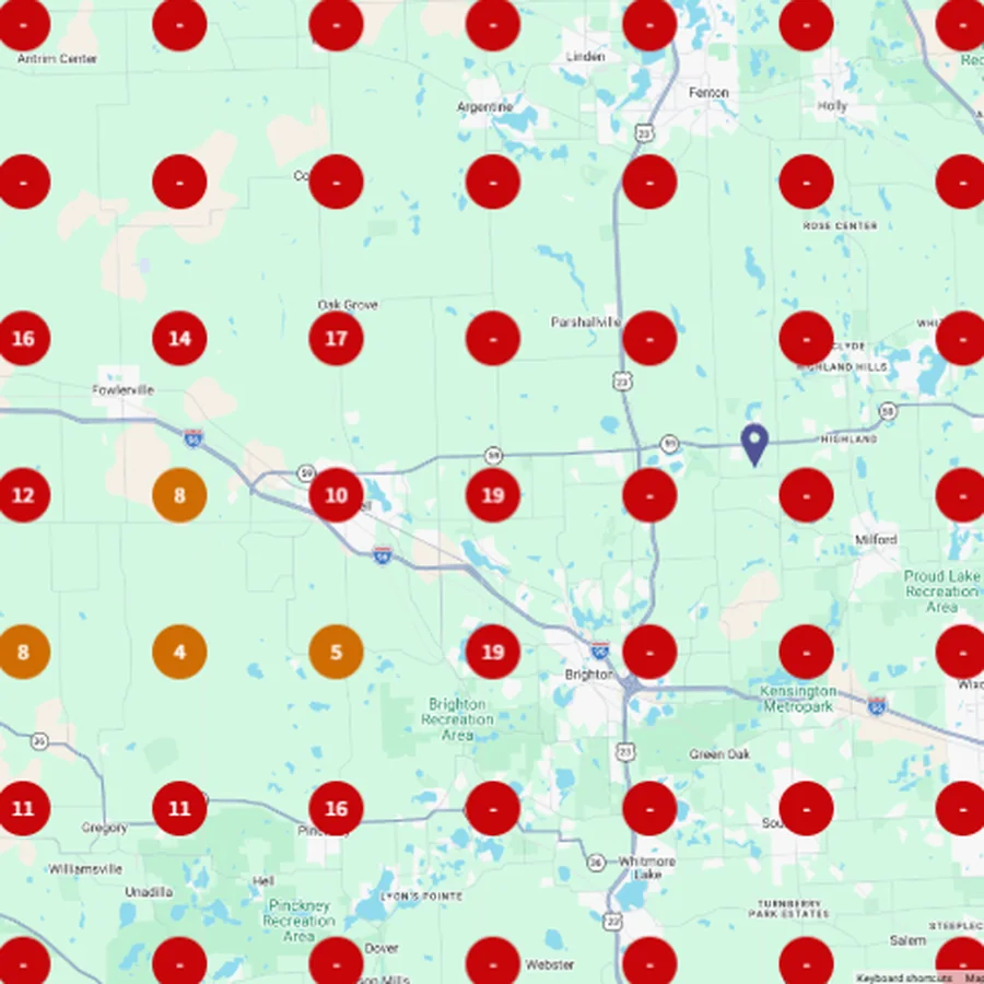 BrightLocal Local Search Grid for Air Conditioning repair on 31 Jul 2026, showing Great Lakes Comfort rankings around Howell, Michigan.