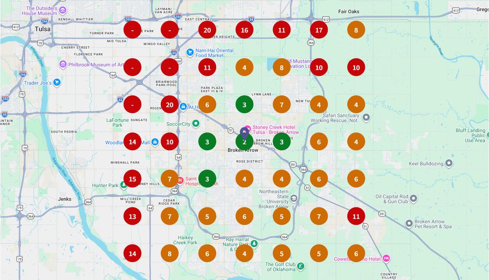 The same grid on 23 February 2026, mostly orange markers in the 4 to 8 range with only three dashes left in the far west