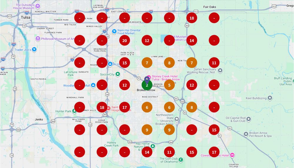 Search grid for AC repair on 30 September 2025, almost entirely red with dashes at over twenty points indicating no result at all