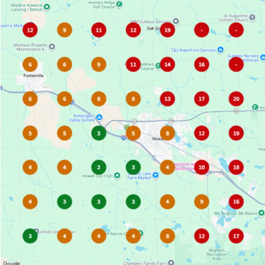 BrightLocal Local Search Grid for Furnace installation on 14 Sep 2026, showing Great Lakes Comfort rankings around Howell, Michigan.