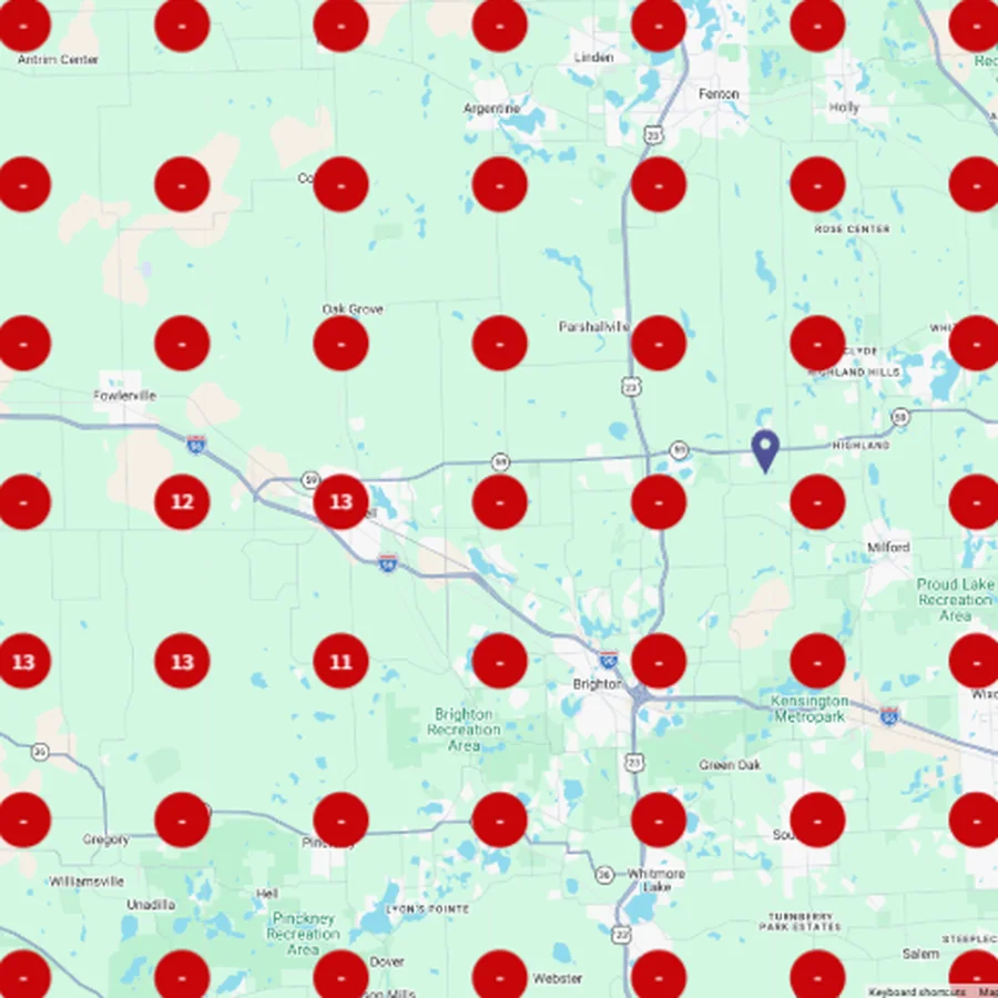 BrightLocal Local Search Grid for Air Conditioning repair on 26 Jun 2026, showing Great Lakes Comfort rankings around Howell, Michigan.