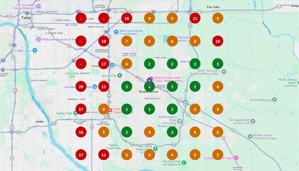 The same grid on 14 September 2026 with green markers through the centre and east