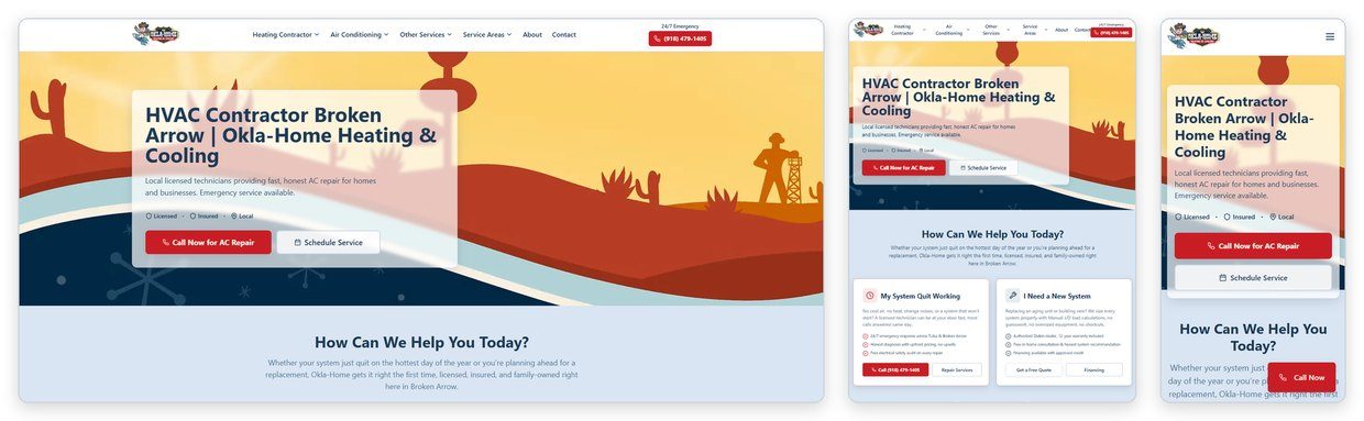 The Okla-Home Heating and Cooling homepage shown on a desktop browser, a tablet and a phone