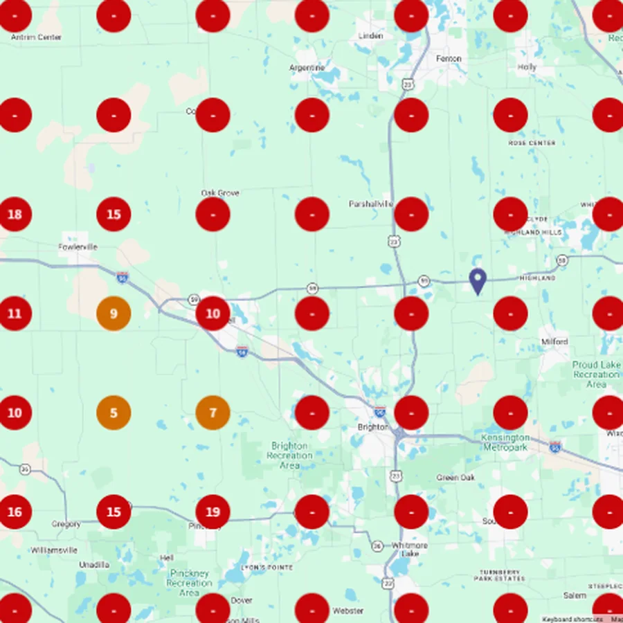 BrightLocal Local Search Grid for Furnace installation on 31 Jul 2026, showing Great Lakes Comfort rankings around Howell, Michigan.