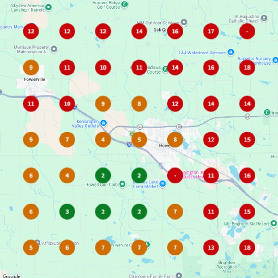 BrightLocal Local Search Grid for Air Conditioning repair on 14 Sep 2026, showing Great Lakes Comfort rankings around Howell, Michigan.