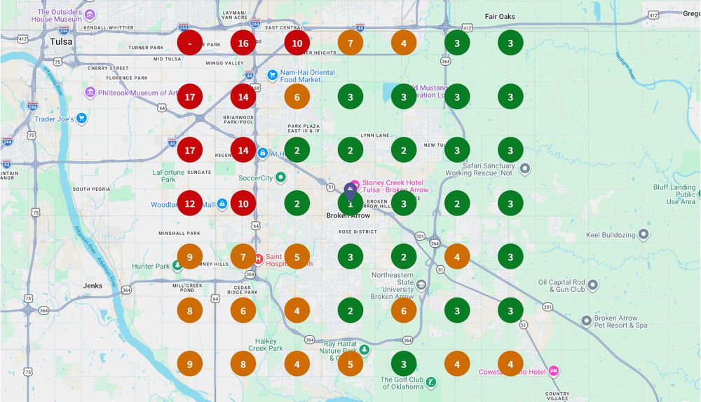 The same grid on 22 December 2025 with green markers covering the centre and east and red retreated to the western column